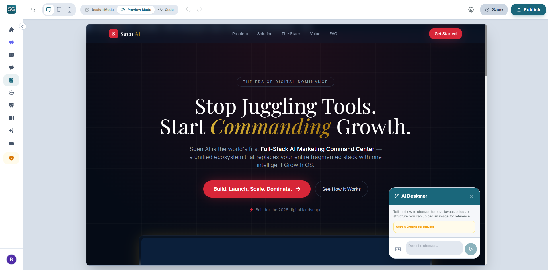 Sgen AI Landing Page Visual HTML Editor Panel