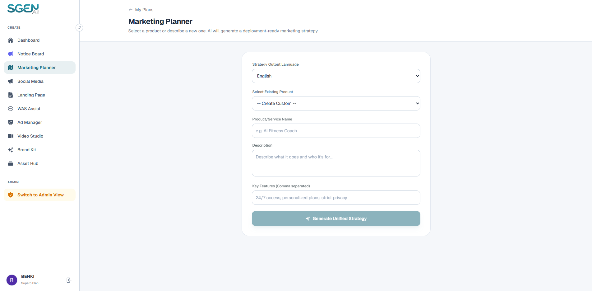 Marketing Planner Workspace View