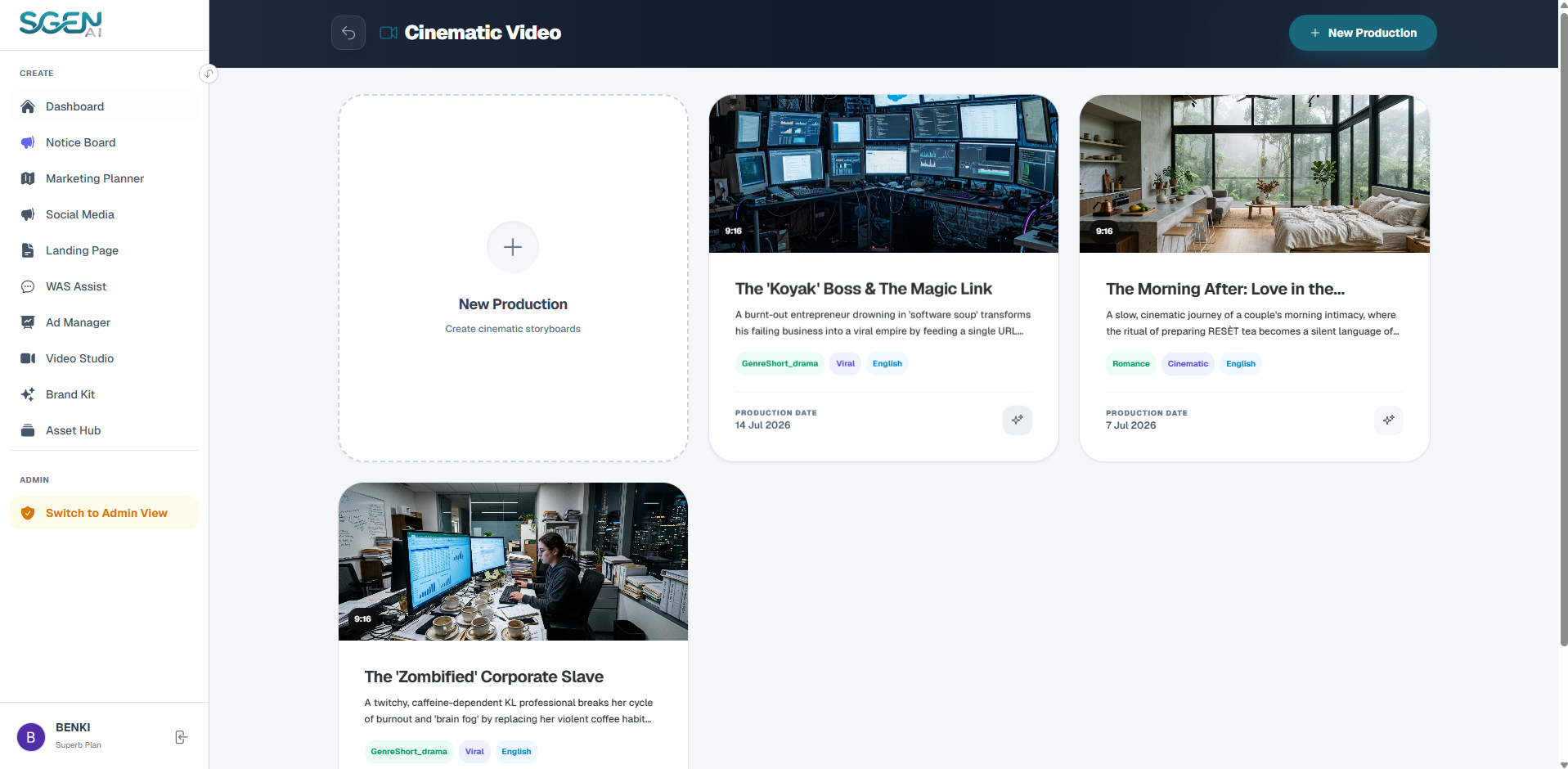 Sgen AI Cinematic Video Projects Archive Dashboard