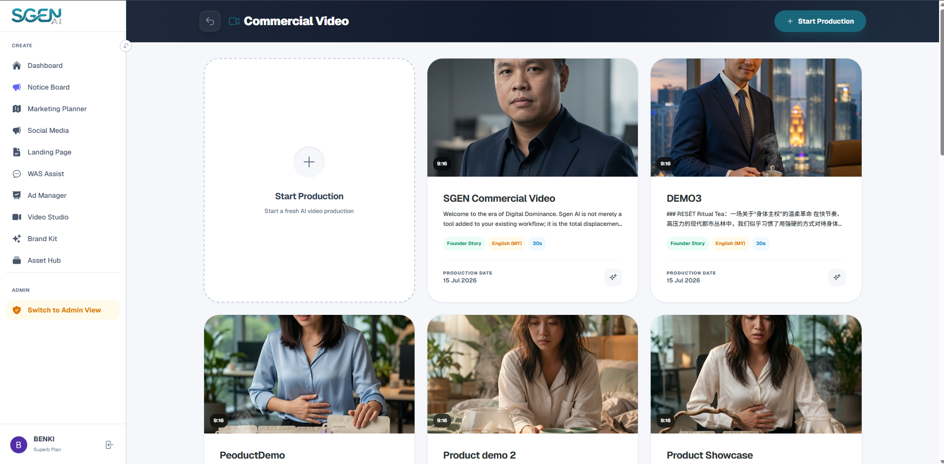 Sgen AI Commercial Video Projects Hub Dashboard