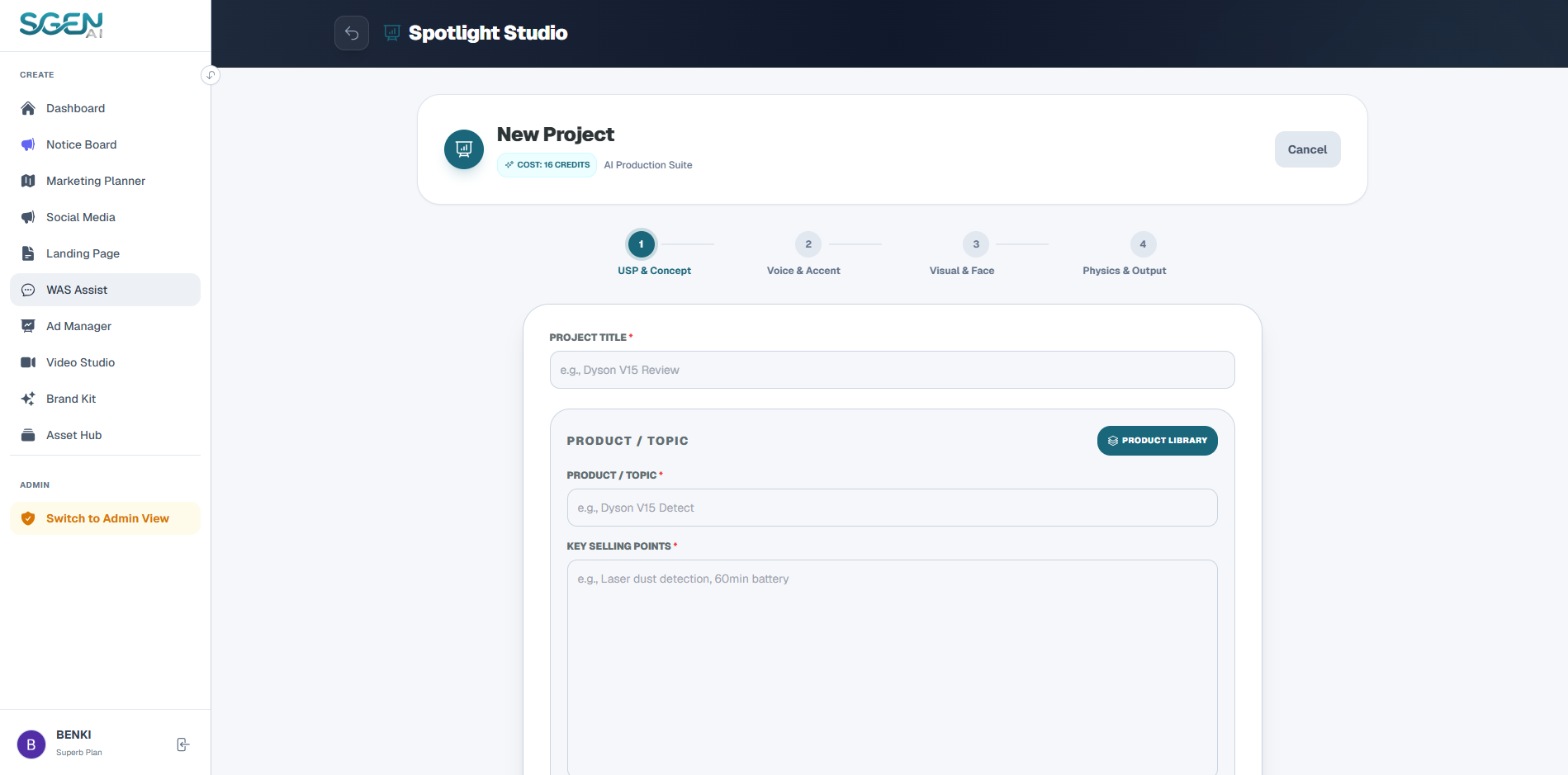 Spotlight Project Basic Parameters Configuration Form